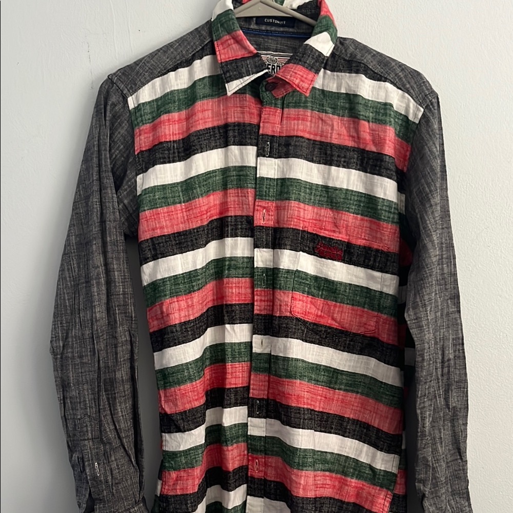 Bold Striped Casual Button Down Shirt in Red White and Green